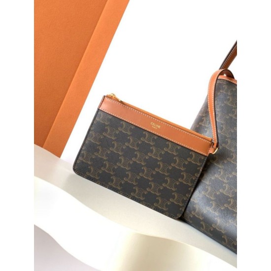 Miglior sito Replica Borsa shopper morbida Celine Triomphe in tela/pelle di vitello color cuoio Imitazioni Outlet Online