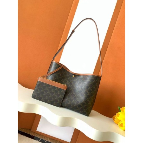 Miglior sito Replica Borsa shopper morbida Celine Triomphe in tela/pelle di vitello color cuoio Imitazioni Outlet Online
