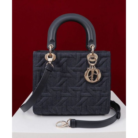 Replica perfetta Borsa media Dior Lady Dior Blu Scuro Imitazione Outlet Online