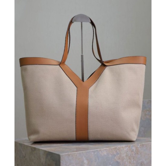 Miglior Falso YSL Saint Laurent Y Borsa Tote in Pelle e Tela Caffè Economiche Premium