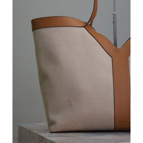 Miglior Falso YSL Saint Laurent Y Borsa Tote in Pelle e Tela Caffè Economiche Premium