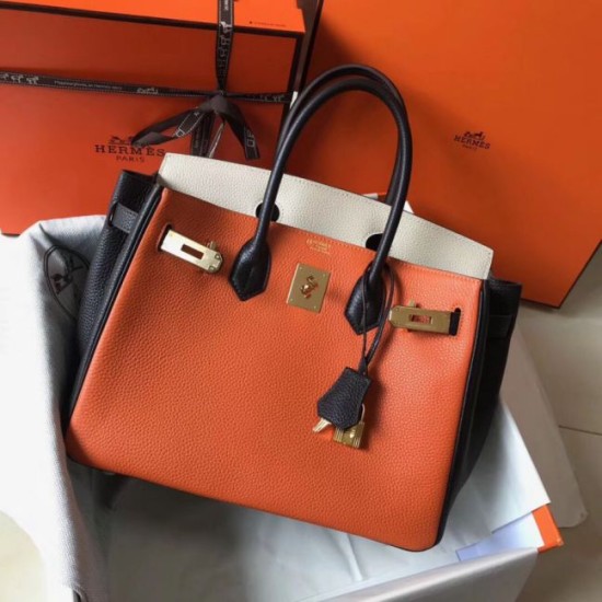 Perfette Qualità Repliche Borsa Hermes Birkin tricolore 30 cm in pelle Clemence arancione/bianca/nera Imitazione