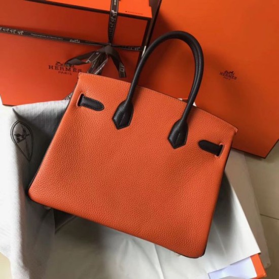 Perfette Qualità Repliche Borsa Hermes Birkin tricolore 30 cm in pelle Clemence arancione/bianca/nera Imitazione