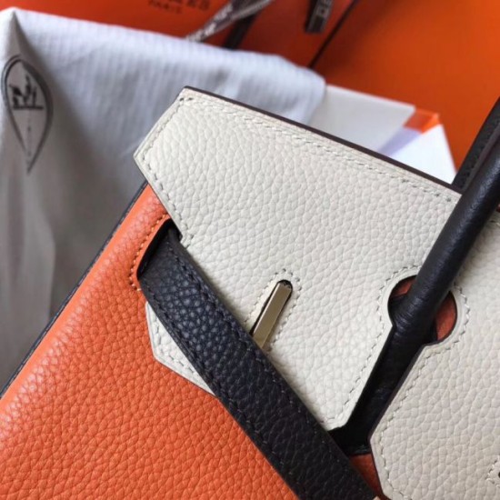 Perfette Qualità Repliche Borsa Hermes Birkin tricolore 30 cm in pelle Clemence arancione/bianca/nera Imitazione