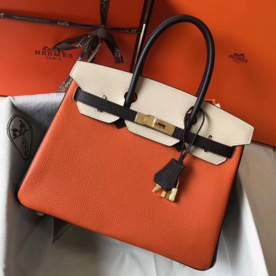 Perfette Qualità Repliche Borsa Hermes Birkin tricolore 30 cm in pelle Clemence arancione/bianca/nera Imitazione