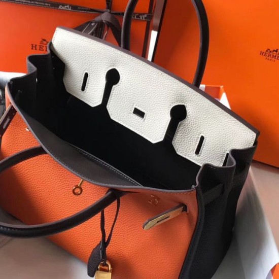 Perfette Qualità Repliche Borsa Hermes Birkin tricolore 30 cm in pelle Clemence arancione/bianca/nera Imitazione