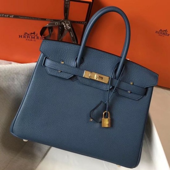 Replica perfetta Borsa Hermes Birkin 30 cm in pelle Clemence agata blu Imitazione Outlet Online