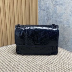 Repliche Borsa a tracolla vintage Niki media YSL Saint Laurent pelle cerata e oliata Nero Imitazioni Outlet Italia