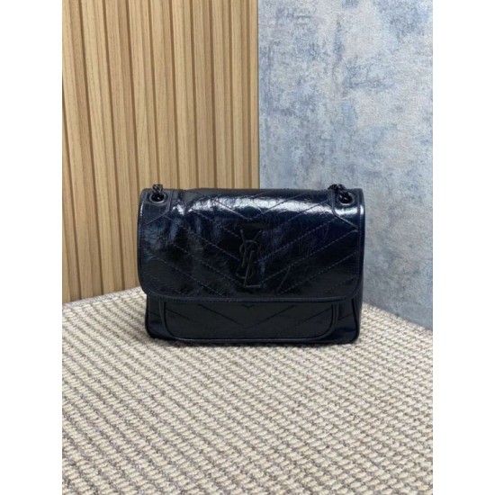 Repliche Borsa a tracolla vintage Niki media YSL Saint Laurent pelle cerata e oliata Nero Imitazioni Outlet Italia