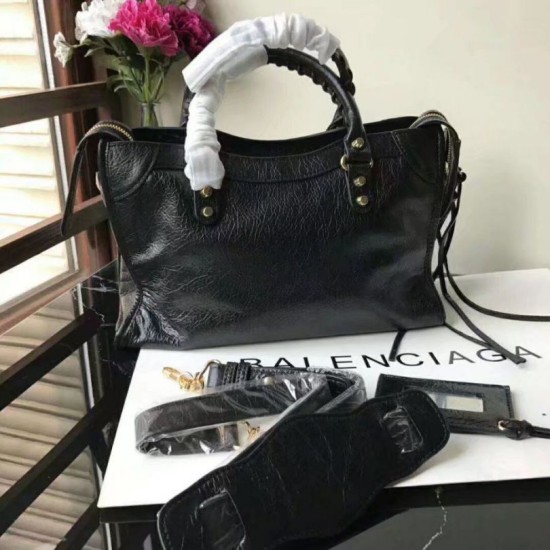 Replica Balenciaga Classic Metallic Edge City Borsa agnello con fessure nere