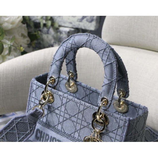 Replica Borsa a spalla ricamata Christian Dior Medium Lady D-Lite blu