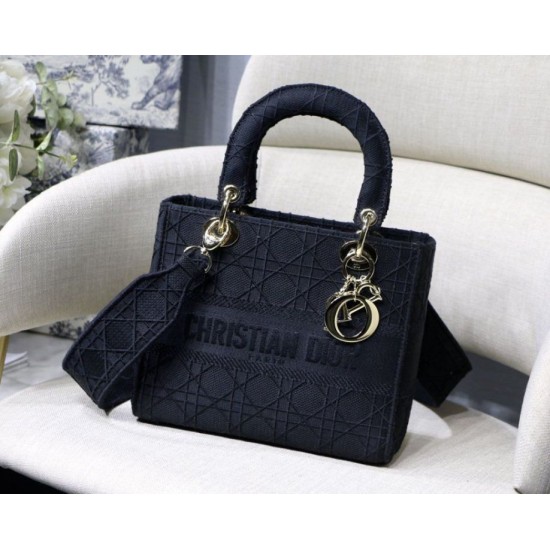 Replica Borsa Cannage ricamata Christian Dior Medium Lady D-Lite nera