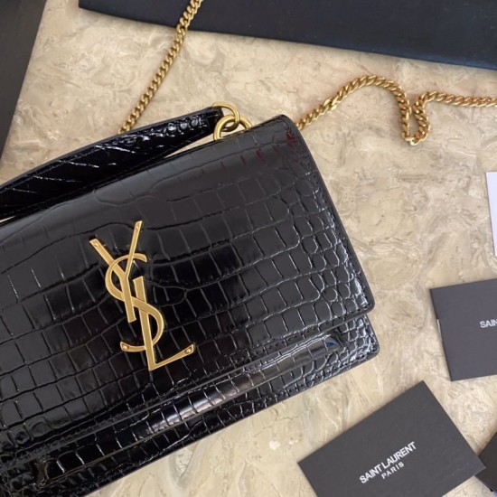 Replica Borsa YSL piccola in coccodrillo nero oro Replica Borsa YSL piccola in coccodrillo nero oro
