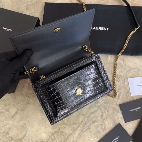 Replica Borsa YSL piccola in coccodrillo nero oro Replica Borsa YSL piccola in coccodrillo nero oro