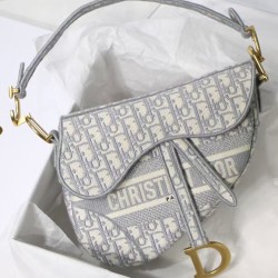 Replica Borsa Christian Dior Saddle Original Oblique in tela ricamata grigia