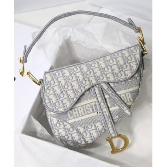 Replica Borsa Christian Dior Saddle Original Oblique in tela ricamata grigia