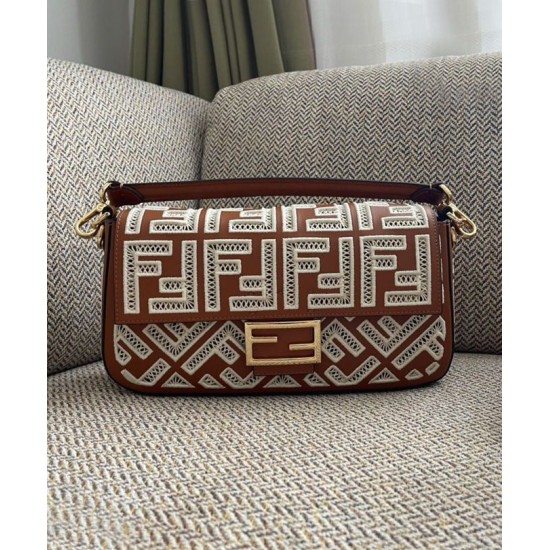 Replica Borsa Baguette In Pelle Con Ricamo FF 8BR600 Caffè
