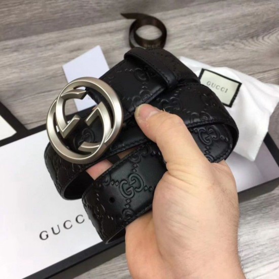 Replica Cintura Signature uomo con fibbia a G Black 411924 Hardware argento