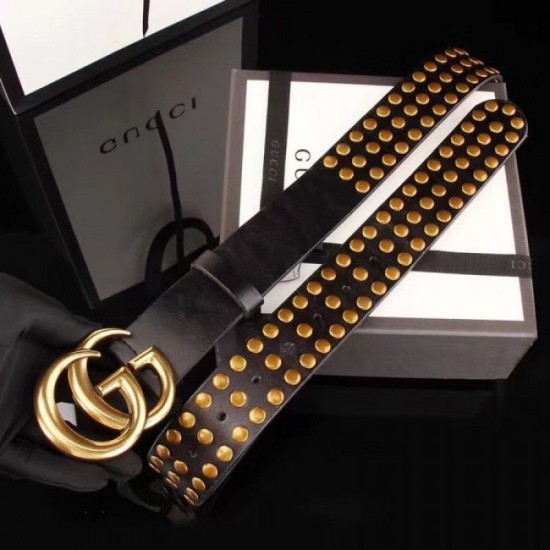 Replica Cintura in pelle nera con fibbia doppia G e borchie 409402