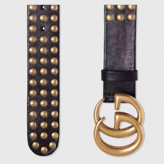 Replica Cintura in pelle nera con fibbia doppia G e borchie 409402