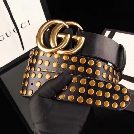 Replica Cintura in pelle nera con fibbia doppia G e borchie 409402