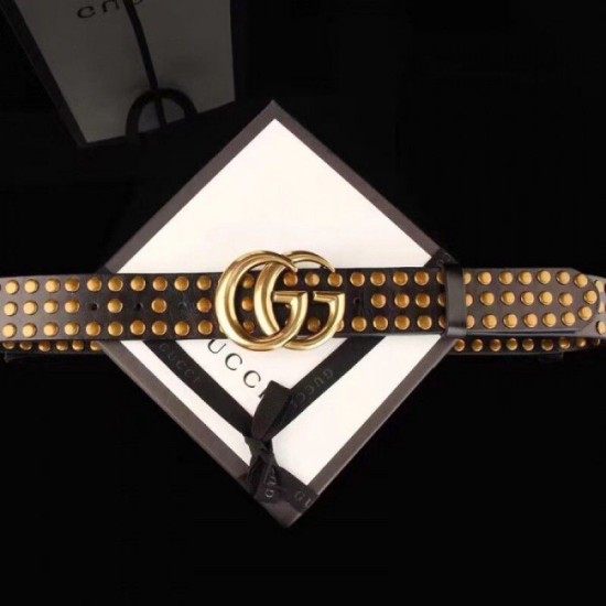 Replica Cintura in pelle nera con fibbia doppia G e borchie 409402