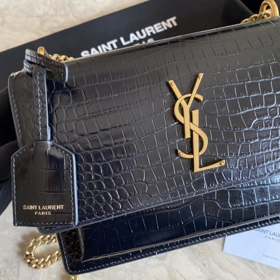 Replica Borsa media YSL Saint Laurent Sunset con finiture in oro goffrato coccodrillo