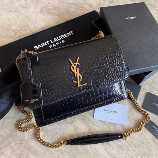 Replica Borsa media YSL Saint Laurent Sunset con finiture in oro goffrato coccodrillo