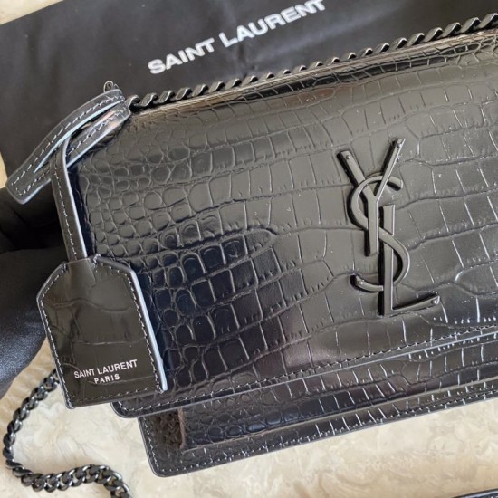 Replica Borsa media YSL Saint Laurent Sunset in hardware nero goffrato coccodrillo