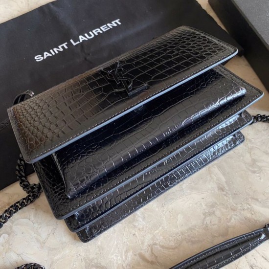 Replica Borsa media YSL Saint Laurent Sunset in hardware nero goffrato coccodrillo