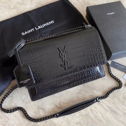 Replica Borsa media YSL Saint Laurent Sunset in hardware nero goffrato coccodrillo