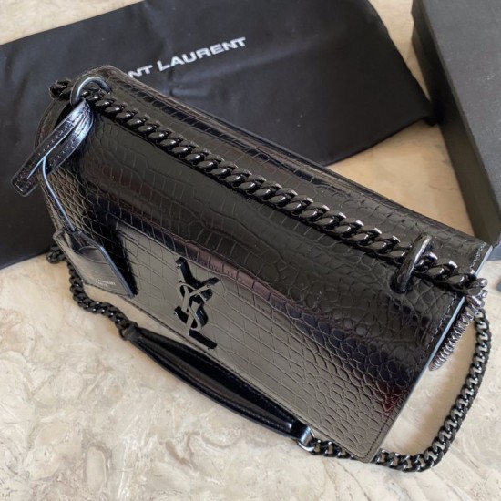 Replica Borsa media YSL Saint Laurent Sunset in hardware nero goffrato coccodrillo