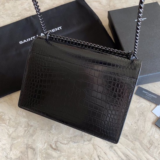 Replica Borsa media YSL Saint Laurent Sunset in hardware nero goffrato coccodrillo