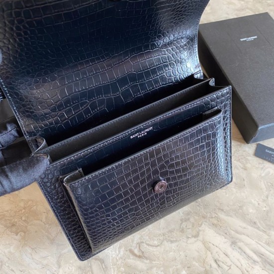 Replica Borsa media YSL Saint Laurent Sunset in hardware nero goffrato coccodrillo