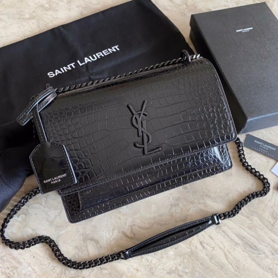 Replica Borsa media YSL Saint Laurent Sunset in hardware nero goffrato coccodrillo