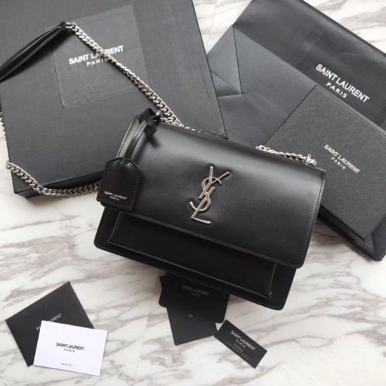 Replica Borsa YSL Saint Laurent Medium Sunset liscia nera argento
