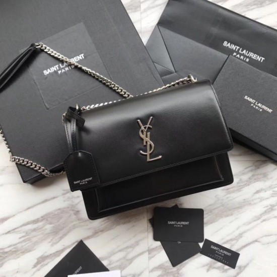 Replica Borsa YSL Saint Laurent Medium Sunset liscia nera argento