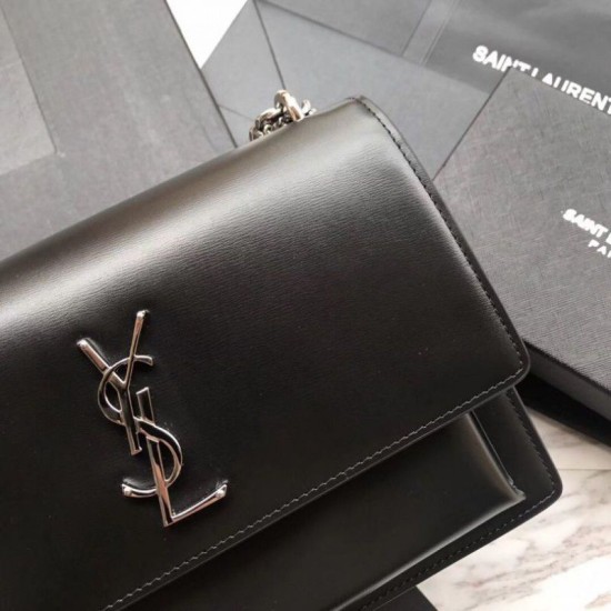 Replica Borsa YSL Saint Laurent Medium Sunset liscia nera argento