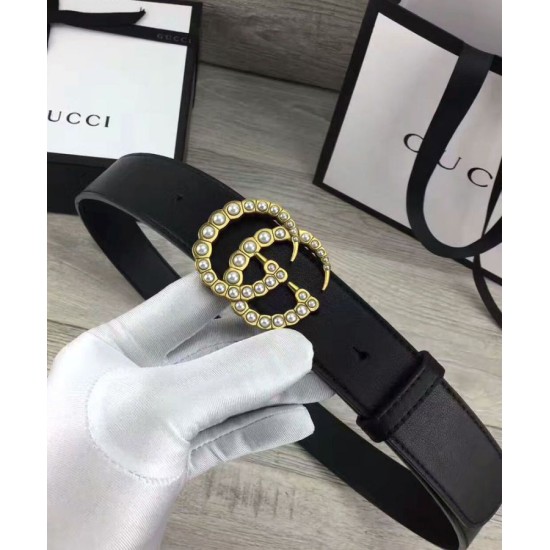 Replica Cintura in pelle con perla Double G Nero Replica Cintura in pelle con perla Double G Nero
