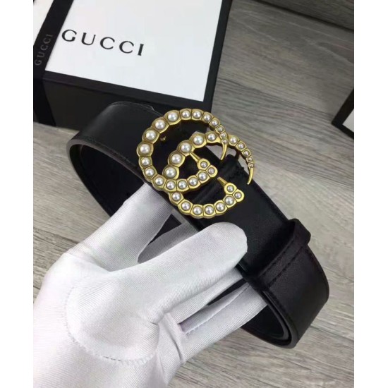 Replica Cintura in pelle con perla Double G Nero Replica Cintura in pelle con perla Double G Nero