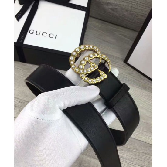 Replica Cintura in pelle con perla Double G Nero Replica Cintura in pelle con perla Double G Nero
