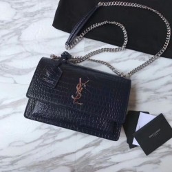 Replica Borsa YSL Saint Laurent Media da sole lucida blu coccodrillo a rilievo