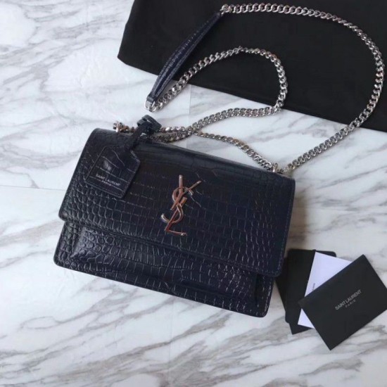 Replica Borsa YSL Saint Laurent Media da sole lucida blu coccodrillo a rilievo
