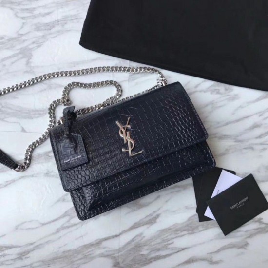 Replica Borsa YSL Saint Laurent Media da sole lucida blu coccodrillo a rilievo