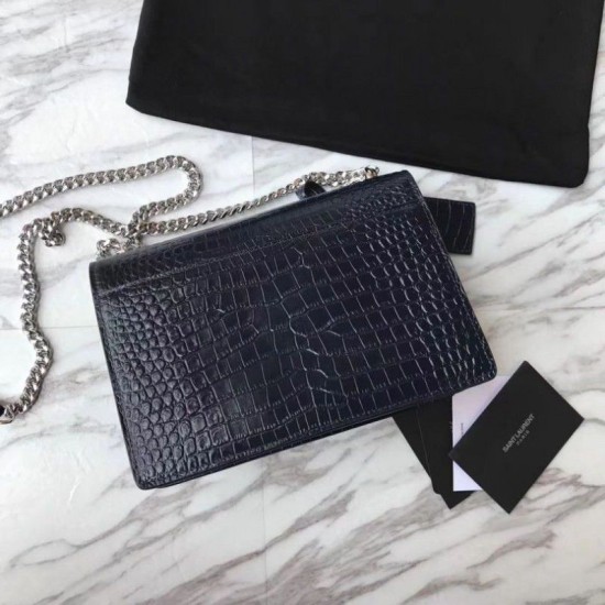 Replica Borsa YSL Saint Laurent Media da sole lucida blu coccodrillo a rilievo