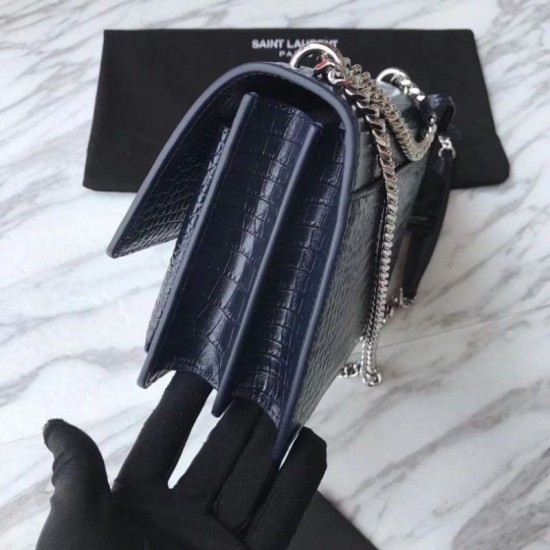 Replica Borsa YSL Saint Laurent Media da sole lucida blu coccodrillo a rilievo