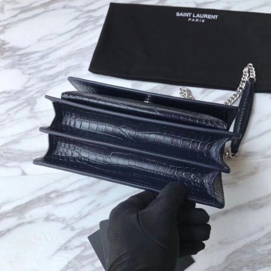 Replica Borsa YSL Saint Laurent Media da sole lucida blu coccodrillo a rilievo