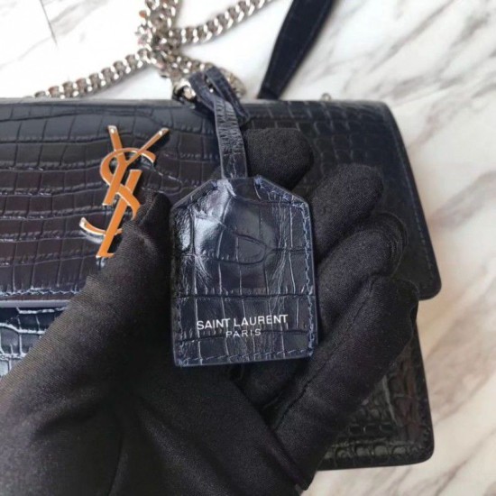 Replica Borsa YSL Saint Laurent Media da sole lucida blu coccodrillo a rilievo