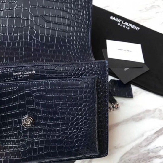 Replica Borsa YSL Saint Laurent Media da sole lucida blu coccodrillo a rilievo