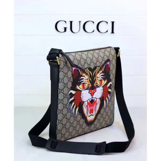 Replica Stampa gatto angry GG Supreme Messenger Flat 473886 Caffè